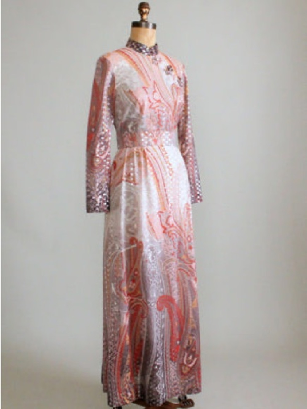 60s Simmering Metallic Vintage Ombré Maxi Dress in Hues of Mauve, Rust and Pink